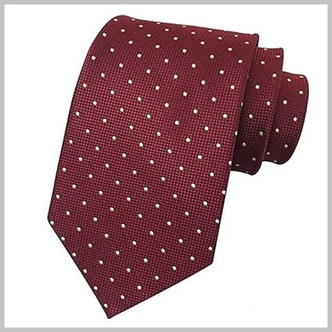Cravatta classica in seta rosso bordeaux con mini pois bianchi