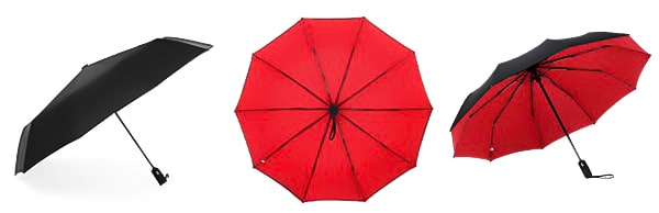 Display from three angles of the red & black 2 color umbrella