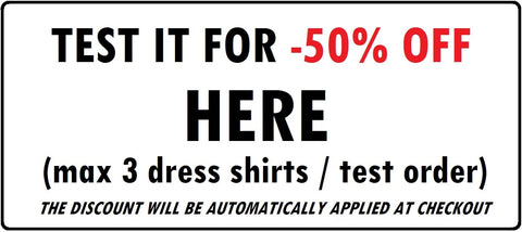 Test order the white pocketless dress shirt for -50% discount