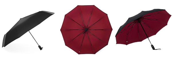 Display from three angles of the wine red & black 2 color umbrella