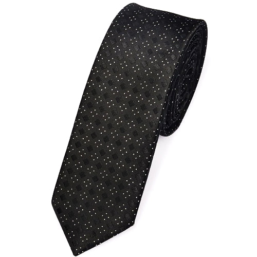 Skinny Black Tie With Silvery Checkerboard Pattern