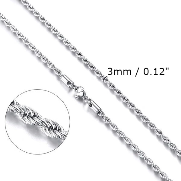 3mm Twisted Silver Rope Chain Necklace for Men | Classy Men Collection