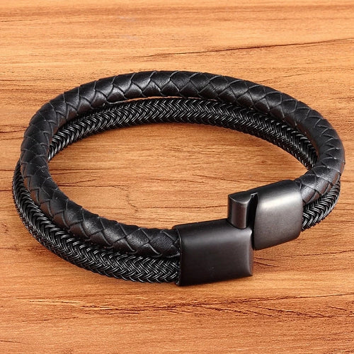 All-Black Stainless Steel Leather Bracelet | Classy Men Collection