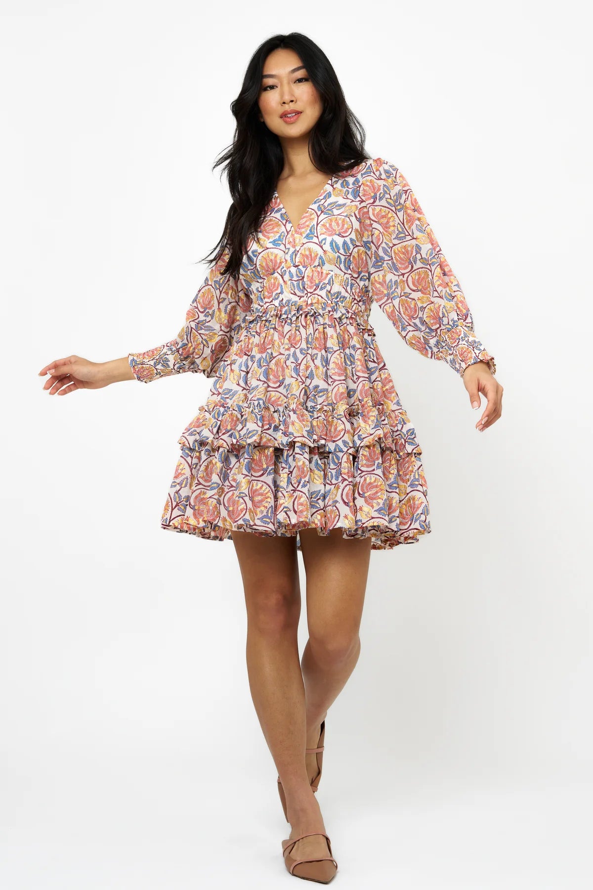 Montenegro Coral Smocked Waist V-Neck Mini Dress