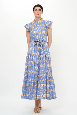 Mughal Blue Ruffle Collar Button Maxi Dress - Carrie Dunham