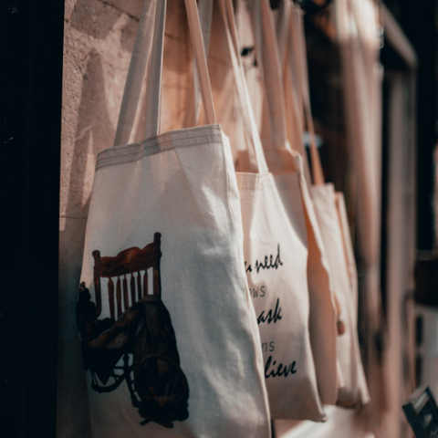 A collection of re-useable cloth shopping bags as a home pantry element