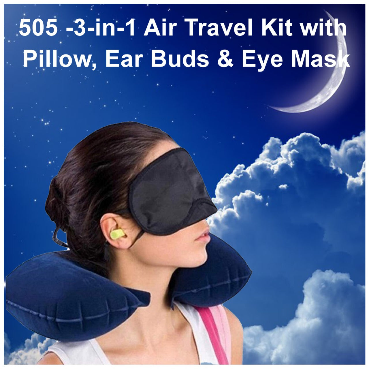 -3-in-1 Air Travel Kit with Pillow, Ear Buds & Eye Mask