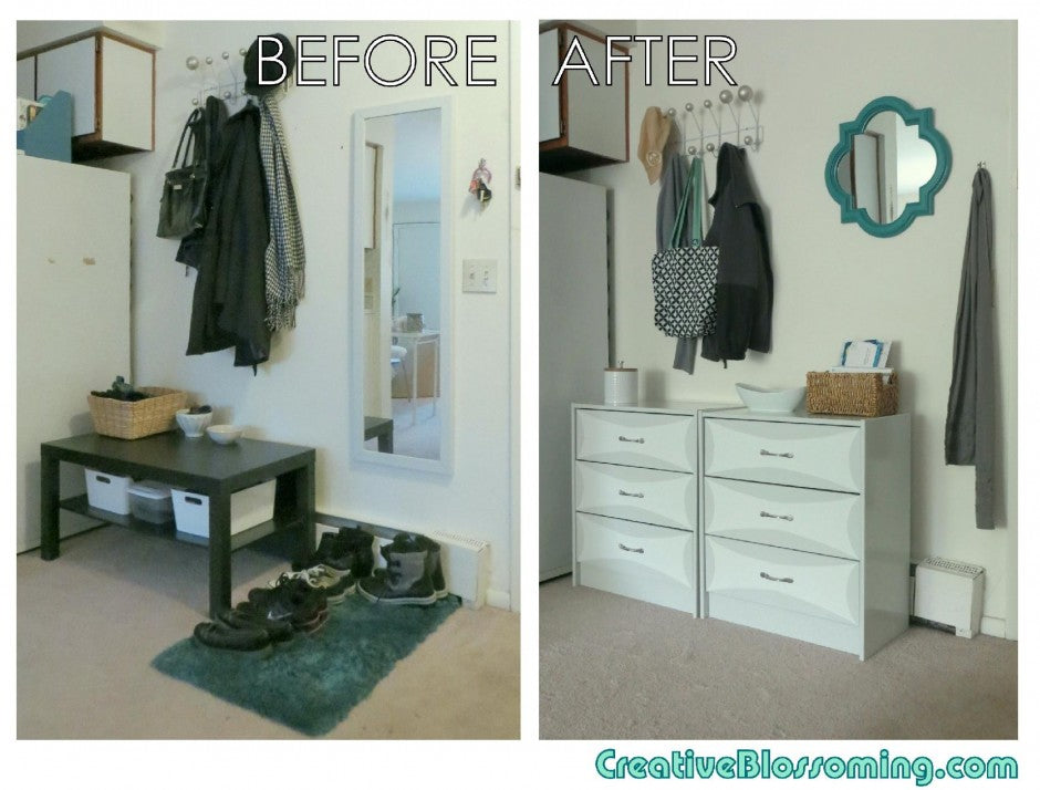 impressive-entryway-makeover-before-and-after-1704x1295 Before image with small black table and shoes on a rug, after there are two sets of white shoe drawers