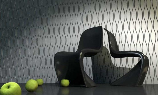 Decorative-Wall-Paneling-51 Funky black warped chairs in front of a black and white geometric patterned wall