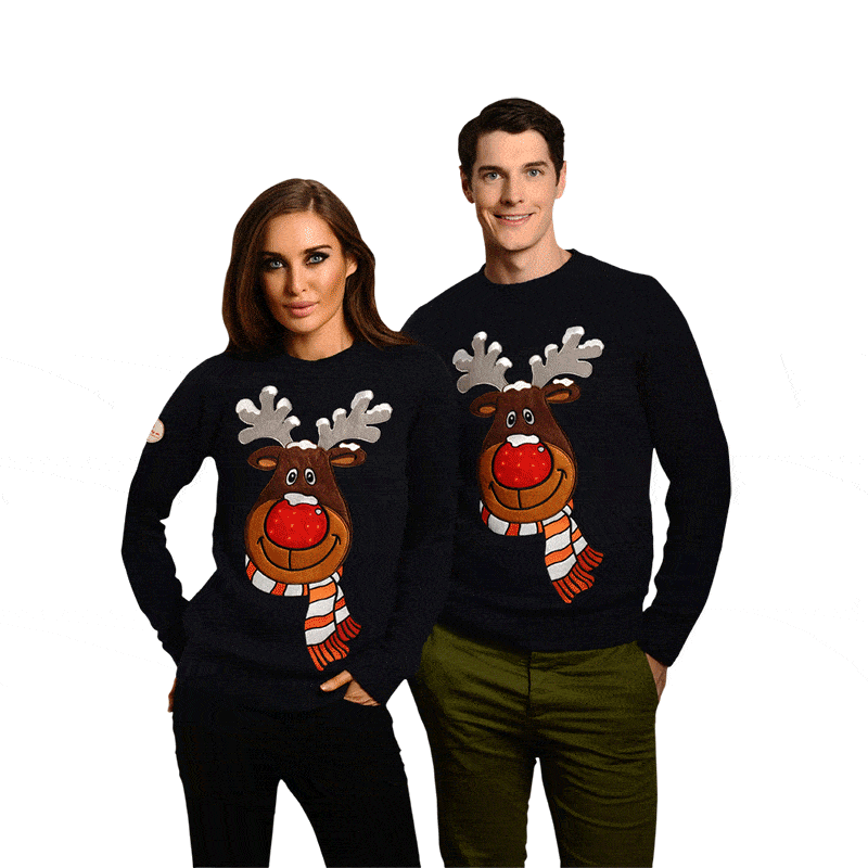 mixed Animated image of a couple wearing reindeer Christmas jumpers with a flashing red nose