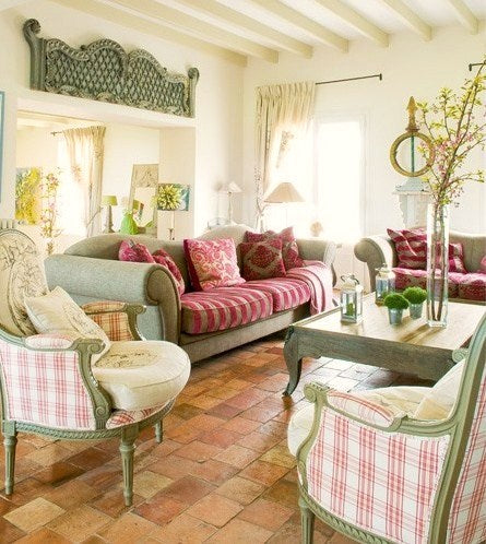 French cottage living room design in green and red
