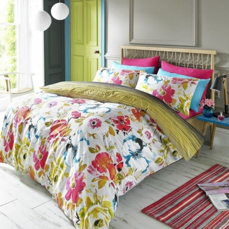Modern floral double bedding in gold, white, pink, blue and yellow