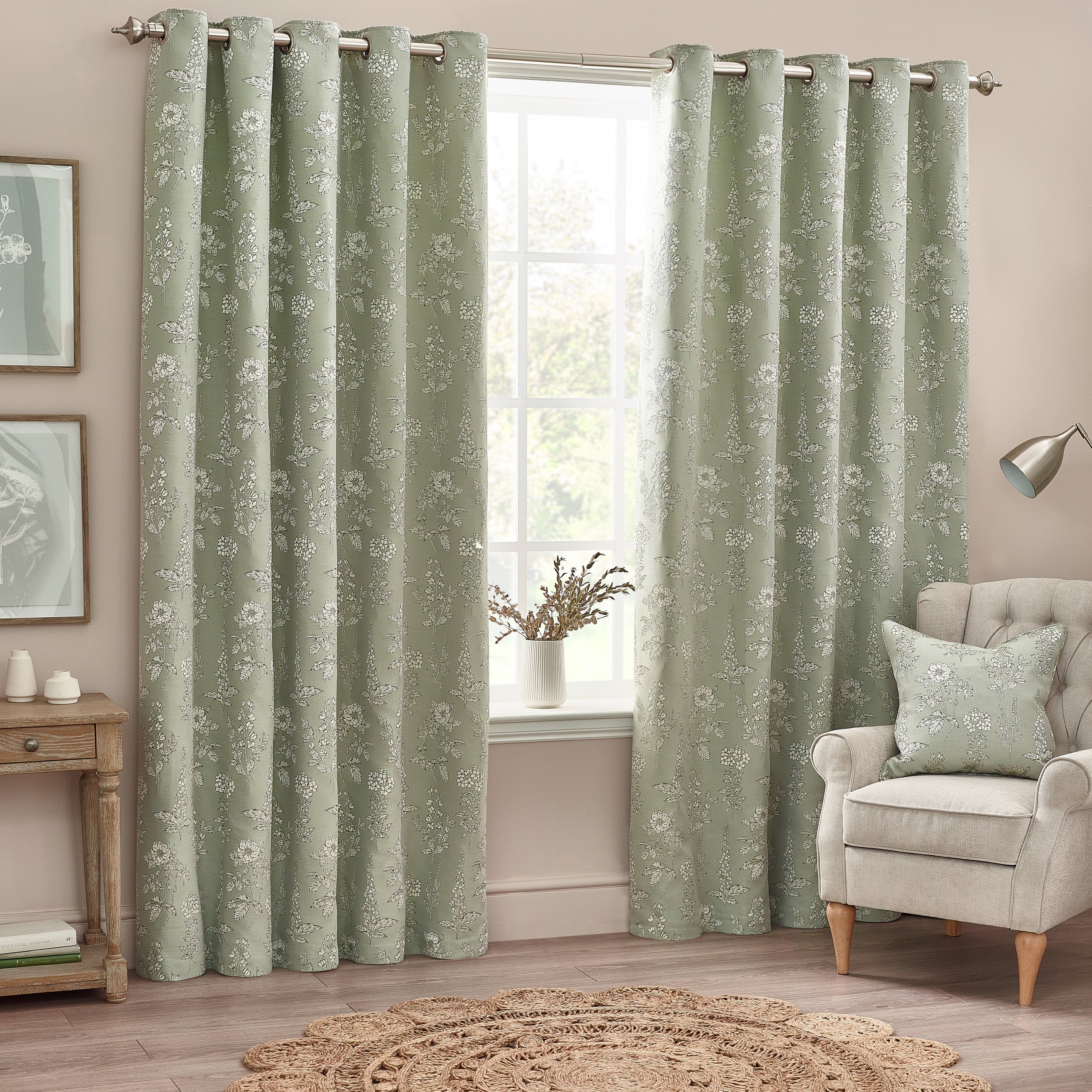 Sophia Floral Jacquard Ready Made Eyelet Curtains Sage | Free Delivery ...