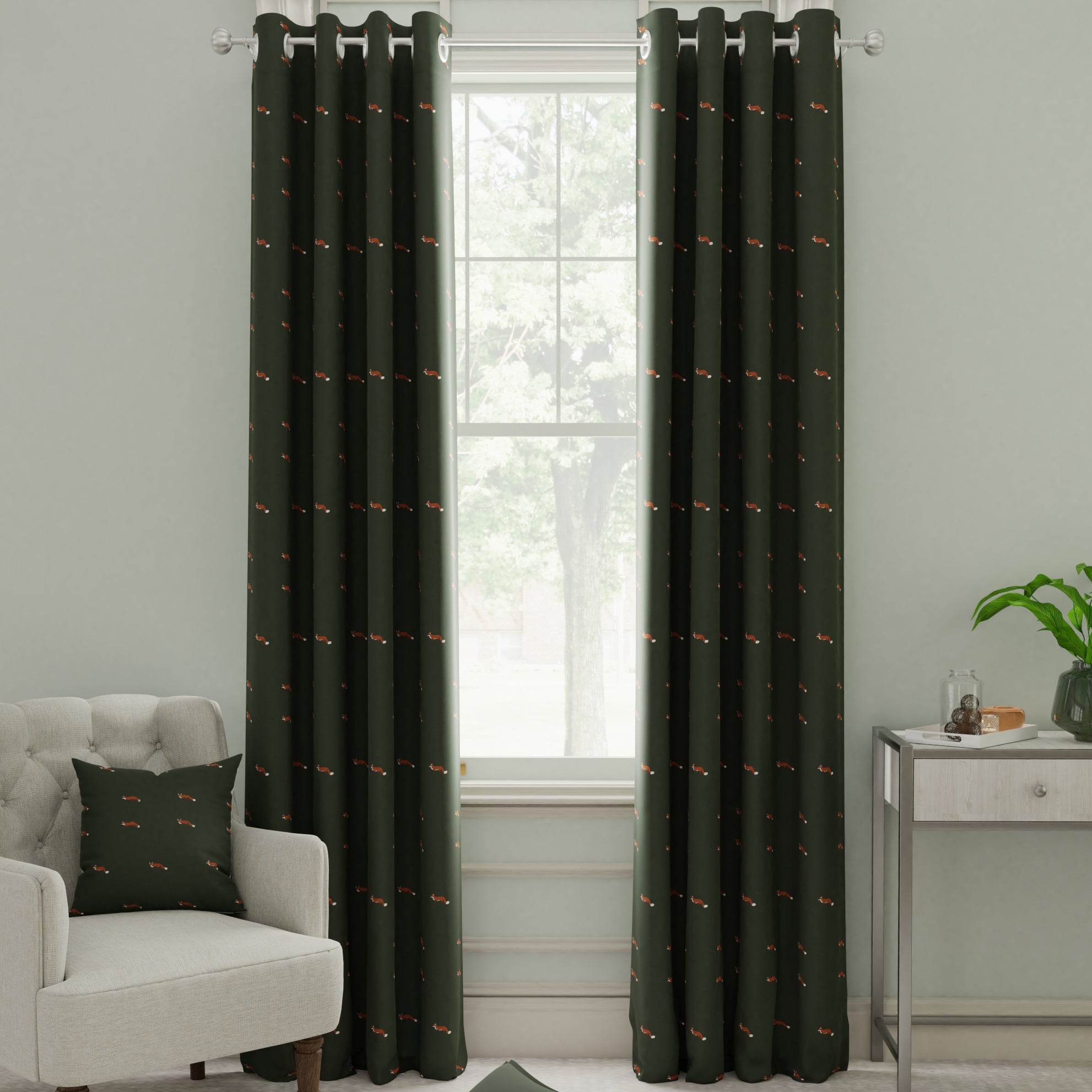Sophie Allport Foxes Made To Measure Curtains Forest Green