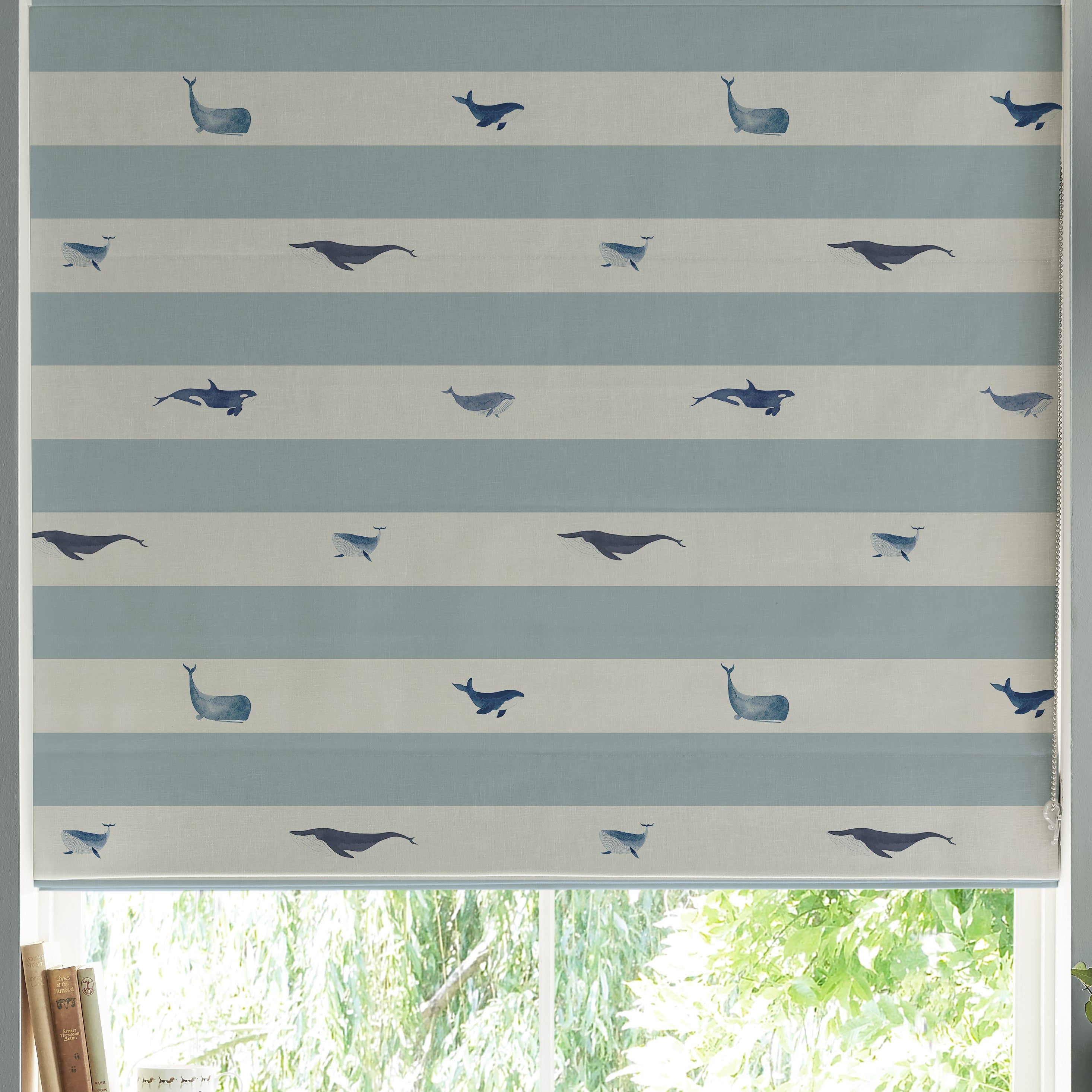 Sophie Allport Whale Stripe Made To Measure Roman Blind Deep Duck Egg