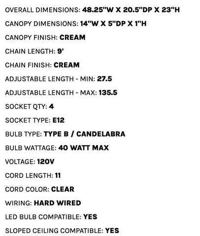 seychelles oval chandelier measurements