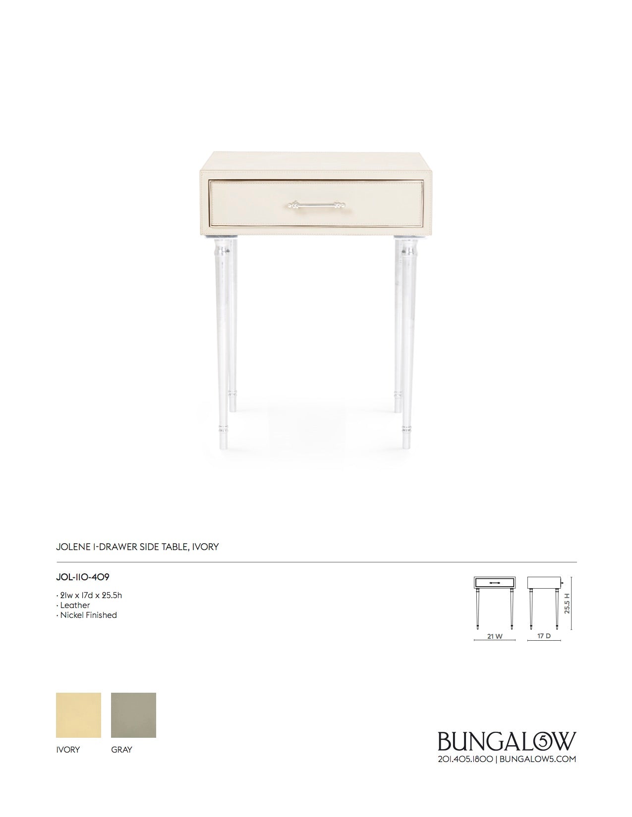 bungalow 5 jolene 1 drawer side table in ivory