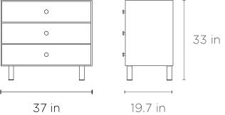 Technical drawing of a three-shelf eco-friendly classic 3 drawer dresser in walnut by Oeuf with dimensions 33 inches in height and 19.7 inches in width.