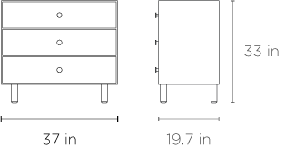 Technical drawing of a four-legged, eco-friendly Oeuf sparrow 3 drawer dresser in birch for nursery storage, with dimensions showing a side view with three horizontal levels and measuring 33 inches in height and 19.