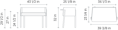 Technical drawings with dimensions of an Oeuf Brooklyn desk showing top, front, and side views.