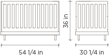 Technical drawing of two objects, a European crib and an Oeuf Classic crib in birch, with dimensions: the left object (European crib) measures 54 1/4 inches in width.