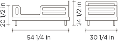 Technical diagram showing the dimensions of an Oeuf Classic Toddler Bed in birch and a bedside table, including GREENGUARD Gold Certification details.