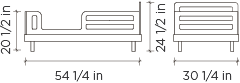 Technical drawing of an oeuf classic conversion kit toddler bed with dimensions.