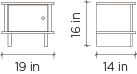 Technical drawing of an Oeuf ML nightstand in birch plywood, indicating a height less than or equal to 18 inches, a length of 19 inches, and a width of 14 inches.