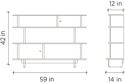 Technical drawing of the eco-friendly Oeuf Mini Library in birch, a three-tiered children's furniture shelf with dimensions 59 inches in width, 42 inches in height, and 12 inches in depth