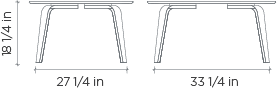 Technical drawing of two Oeuf play tables in white with different widths, labeled with measurements: 27 1/4 inches and 33 3/4 inches, featuring eco-friendly finishes.