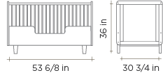 Technical drawing of an oeuf rhea conversion kit in white with dimensions labeled: length 53 6/8 inches and height 36 inches.