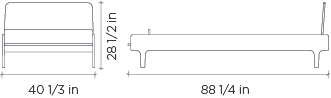 Technical drawing of a modern Oeuf River Twin Bed in Birch with trundle for kids' room, including labeled dimensions.