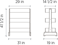 Technical drawings of two items with dimensions: a five-tier eco-friendly shelf at 29 inches wide by 41.5 inches high by 31 inches deep, and an oeuf toy storage system with a base in birch.