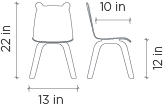 Technical drawing of an Oeuf Bear Play Chair in Birch (Set of 2) made from Baltic birch plywood, with dimensions: height 22 inches, width 13 inches, and seat depth 10 inches.