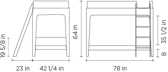 Eco-friendly technical drawing of an oeuf perch bunk bed in walnut with dimensions.