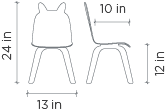 Technical drawing of an eco-friendly, rabbit-shaped chair made from Baltic birch plywood, with dimensions: 24 inches high at the backrest, 13 inches seat height, and 10 inches seat by oeuf