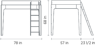 Technical drawing of an eco-friendly Oeuf Perch Loft Full Bed in Birch with dimensions, including a ladder and slide.