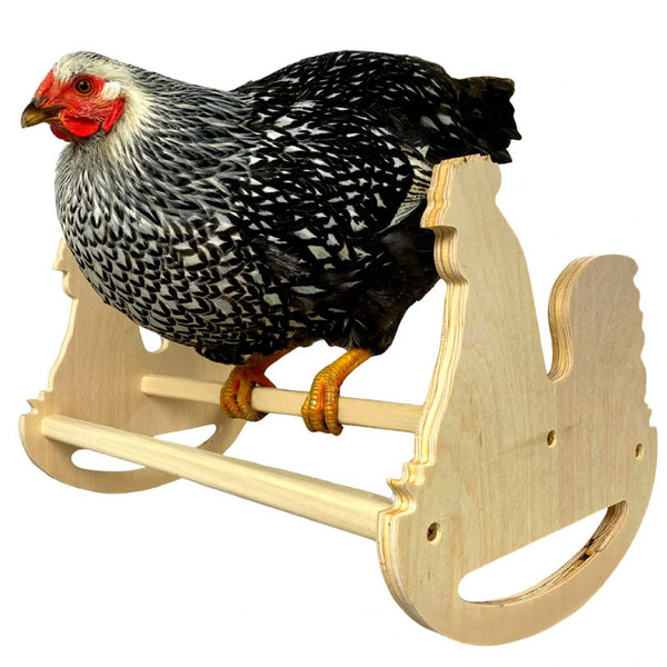 A wooden chicken perch rocker in the shape of a chicken