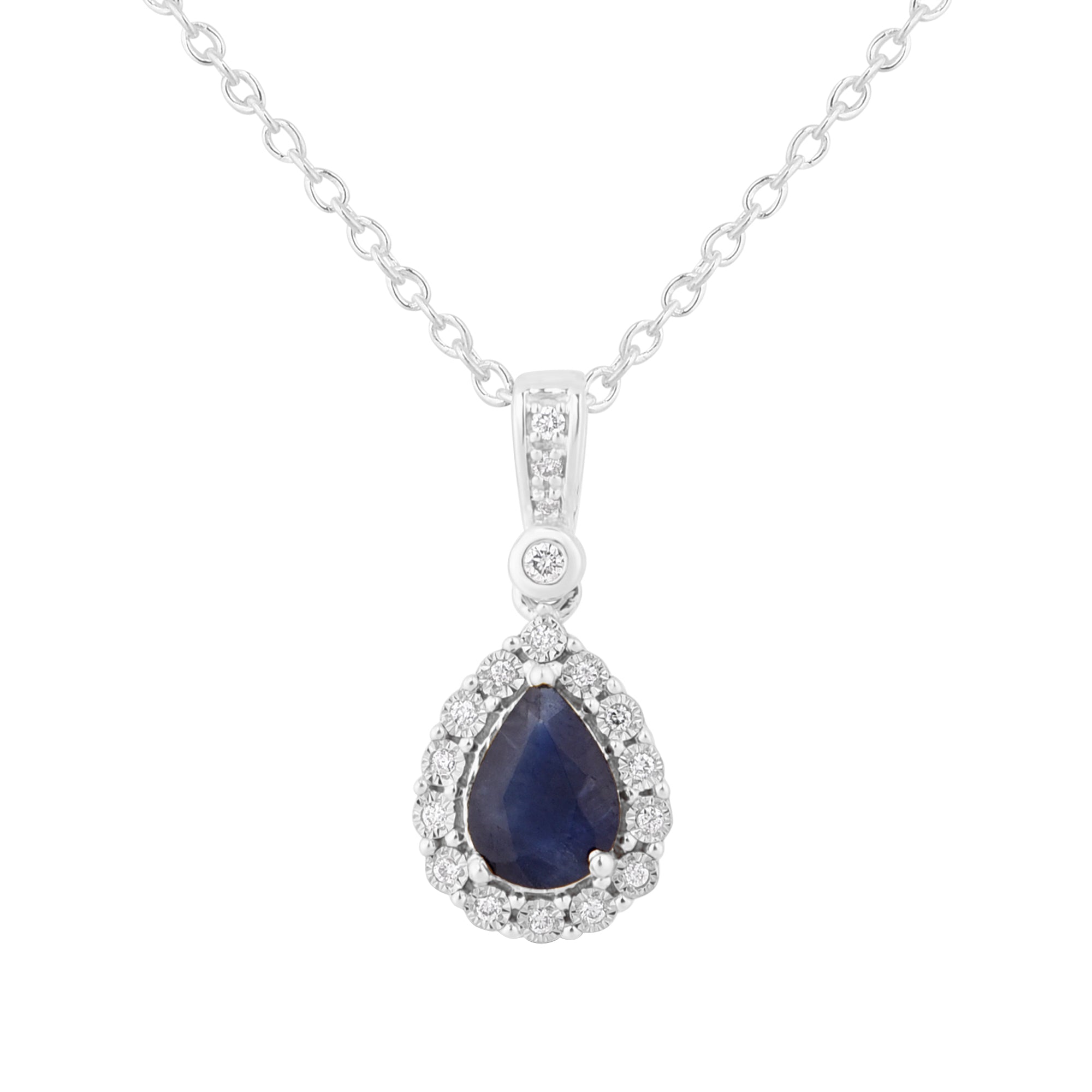 10K White Gold Pear Shape Sapphire & Round Diamond Halo Pendant