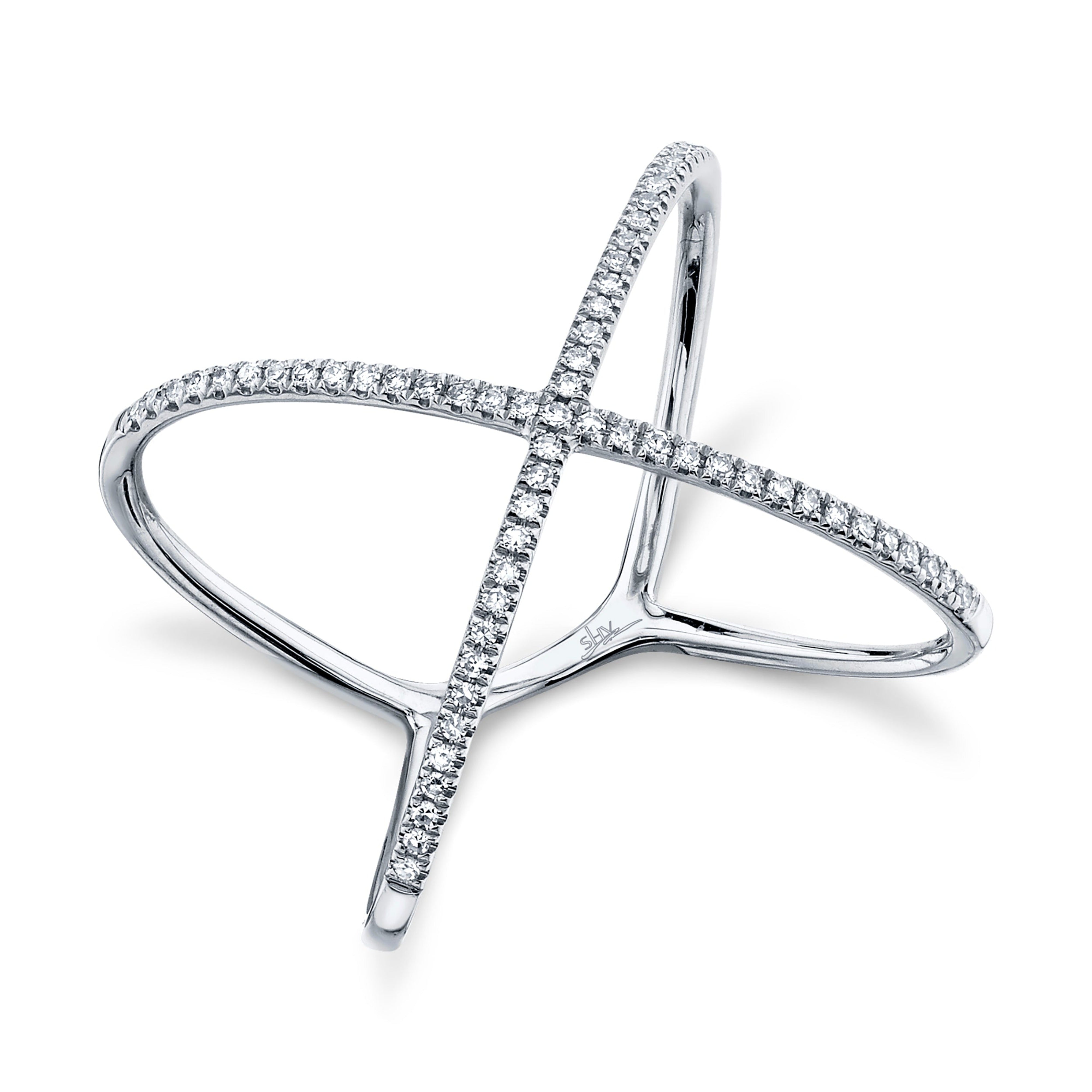 14K White Gold Round Diamond 1/5CT "X" RING