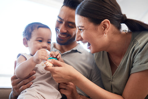 Smiling family at home