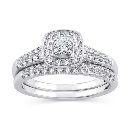 EternalDia 0.50 Ct.Wt. Round Diamond Square Frame Halo Bridal Ring Set 10K White Gold.