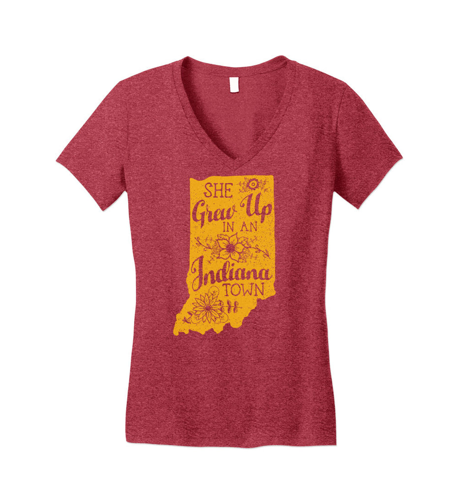 She Grew Up In An Indiana Town Womens Vintage Red V Neck Tee Tribe Trade