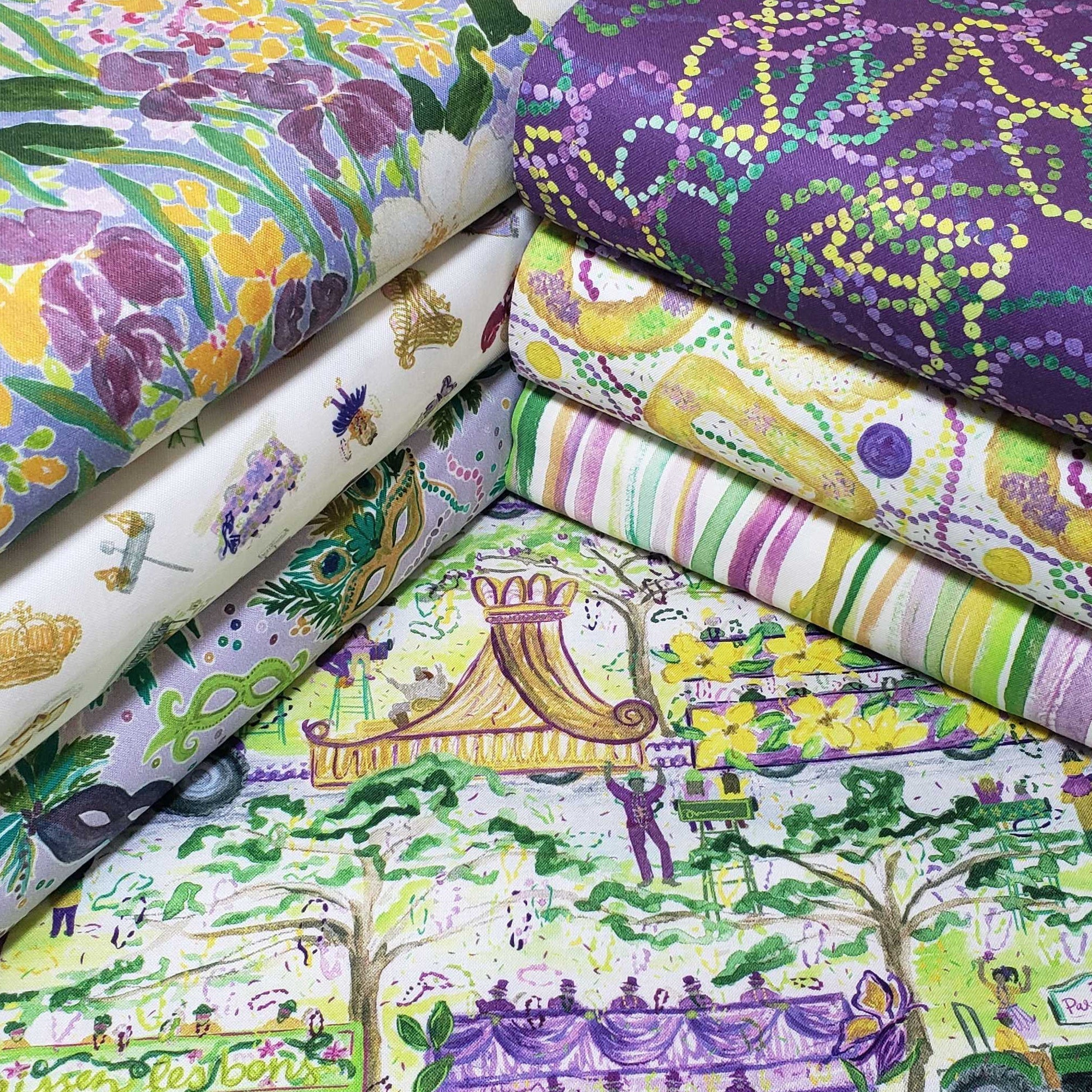 Mardi Gras by M Liss Beautiful and Colorful Mardi Gras Fabric Fabric is  Sold by the Half Yard, One Continuous Cut 