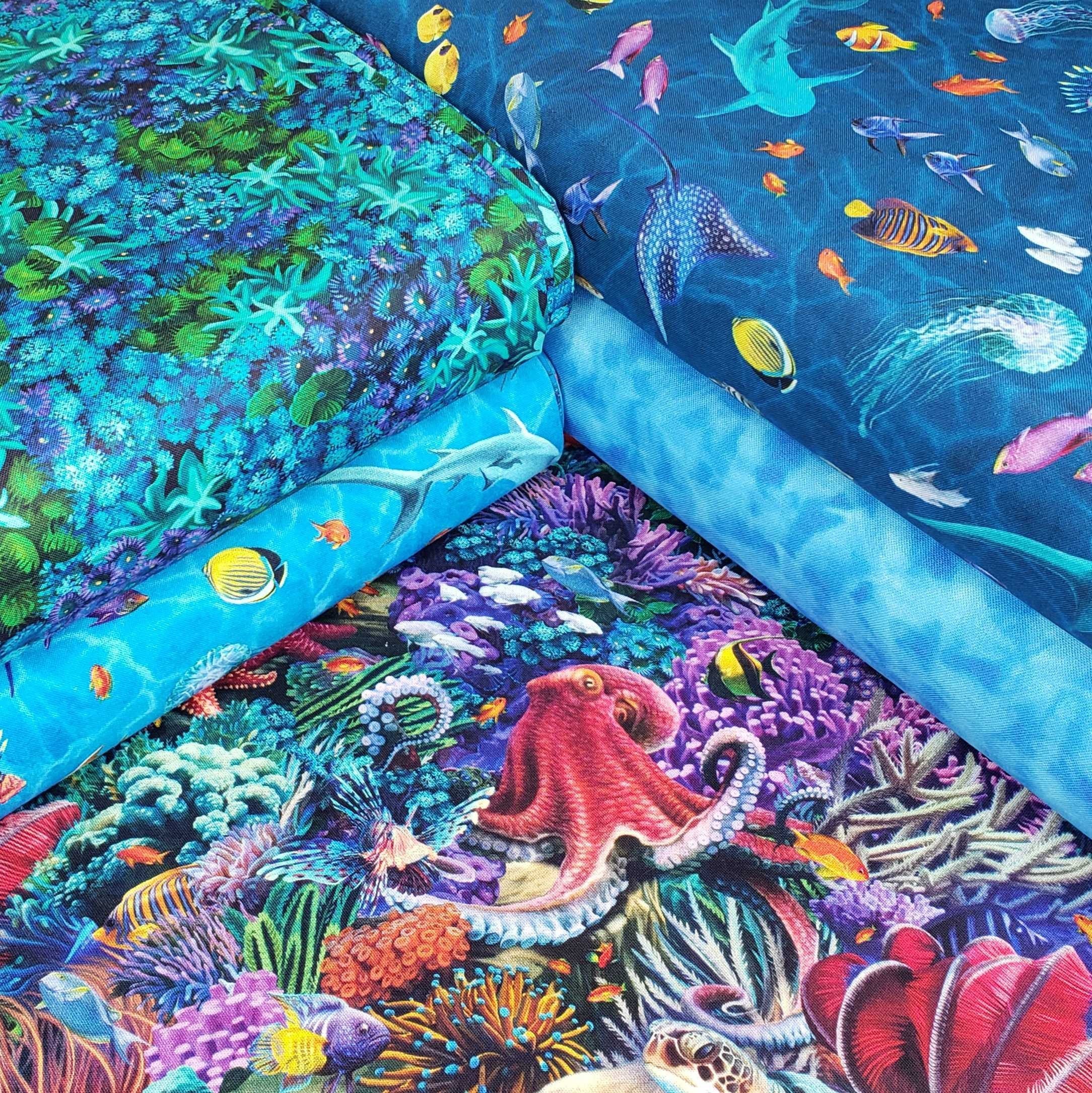 Treasures At Sea Blue Coral Fabric by Eva Nikolskaya - QT Fabrics