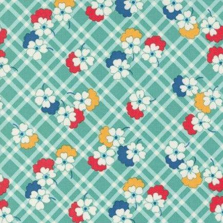 30s Playtime Teal Posies & Plaids Fabric