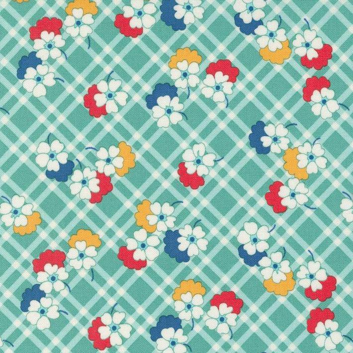 30s Playtime Teal Posies & Plaids Fabric