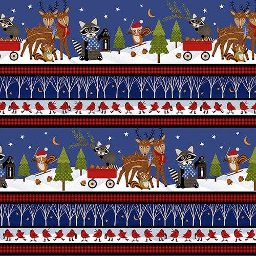 A Day in the Woods Deep Blue Border Stripe Fabric