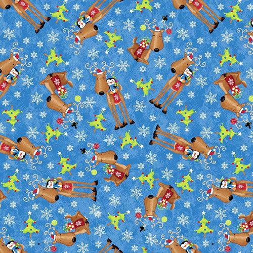 A Jolly Good Time Blue Tossed Reindeers Fabric