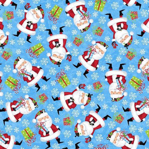 A Jolly Good Time Blue Tossed Santa Fabric